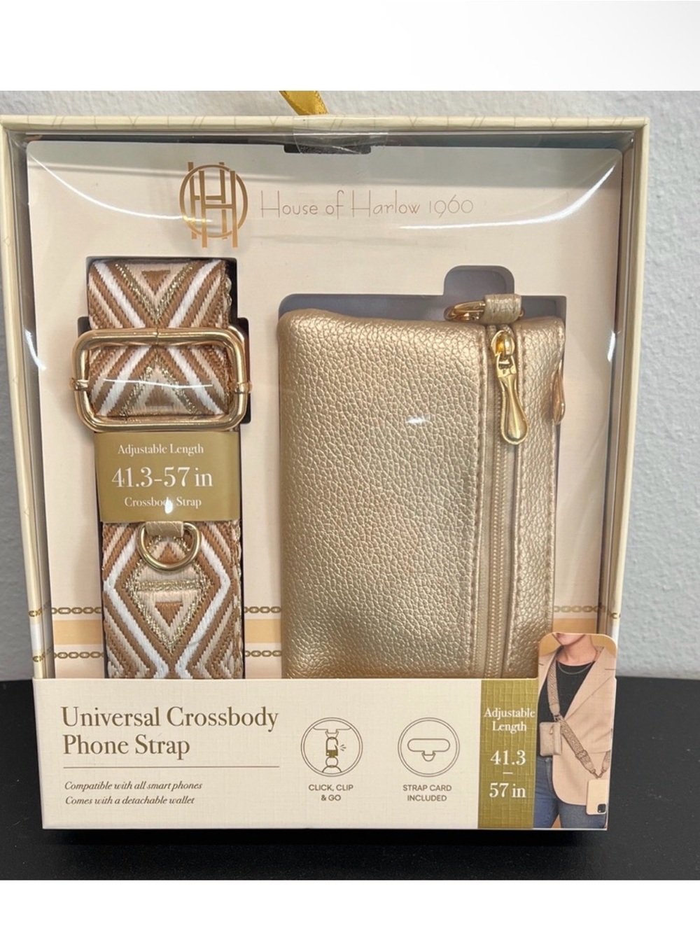 House of Harlow 1960 Metallic Gold Crossbody Phone Wallet with Patterned Strap